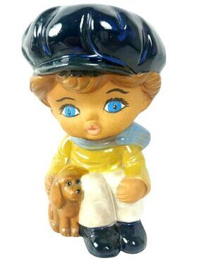 Nautical Boy Pottery Figure Puppy Dog 1970s Japan Stoneware Hankyu 6.5"